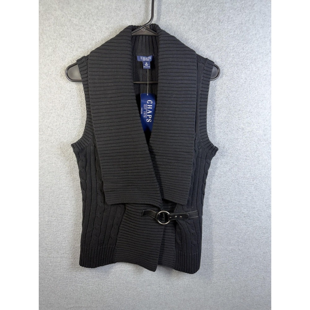 Chaps Sweater Vest Womens Medium Black Belted Shawl Collar Cable Knit Open Front